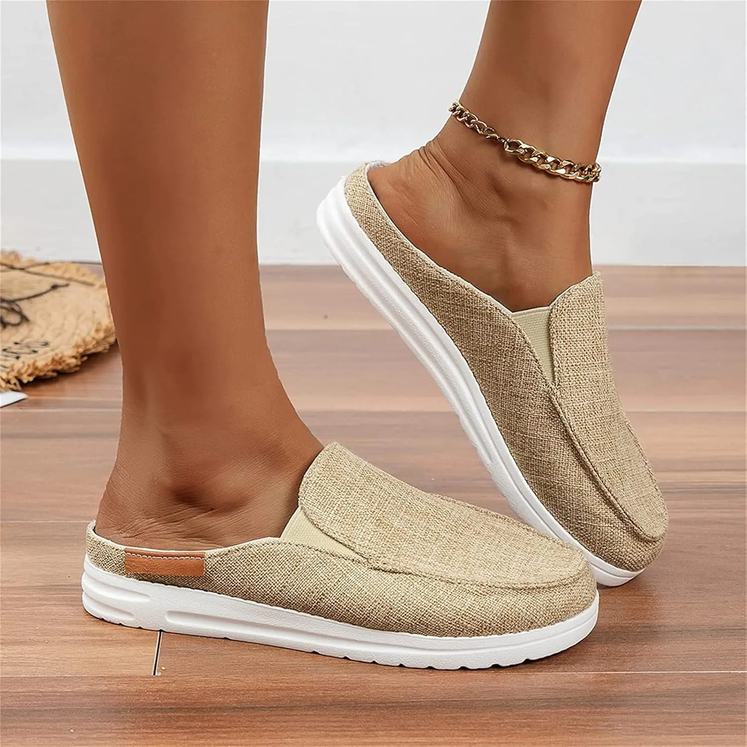 DOIX Women's Garden Clogs Sandals Casual Flats Canvas Slippers Slip on Mules Sneakers Loafer Shoes Summer Indoor Outdoor Anti-Slip Walking Shoes Memory Foam Padded,Beige,US8/EU39