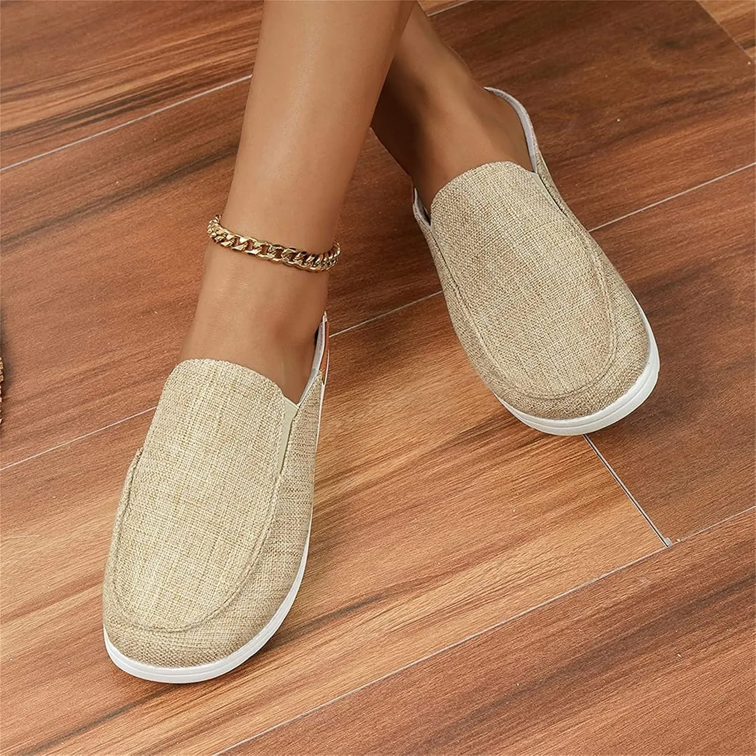 DOIX Women's Garden Clogs Sandals Casual Flats Canvas Slippers Slip on Mules Sneakers Loafer Shoes Summer Indoor Outdoor Anti-Slip Walking Shoes Memory Foam Padded,Beige,US8/EU39