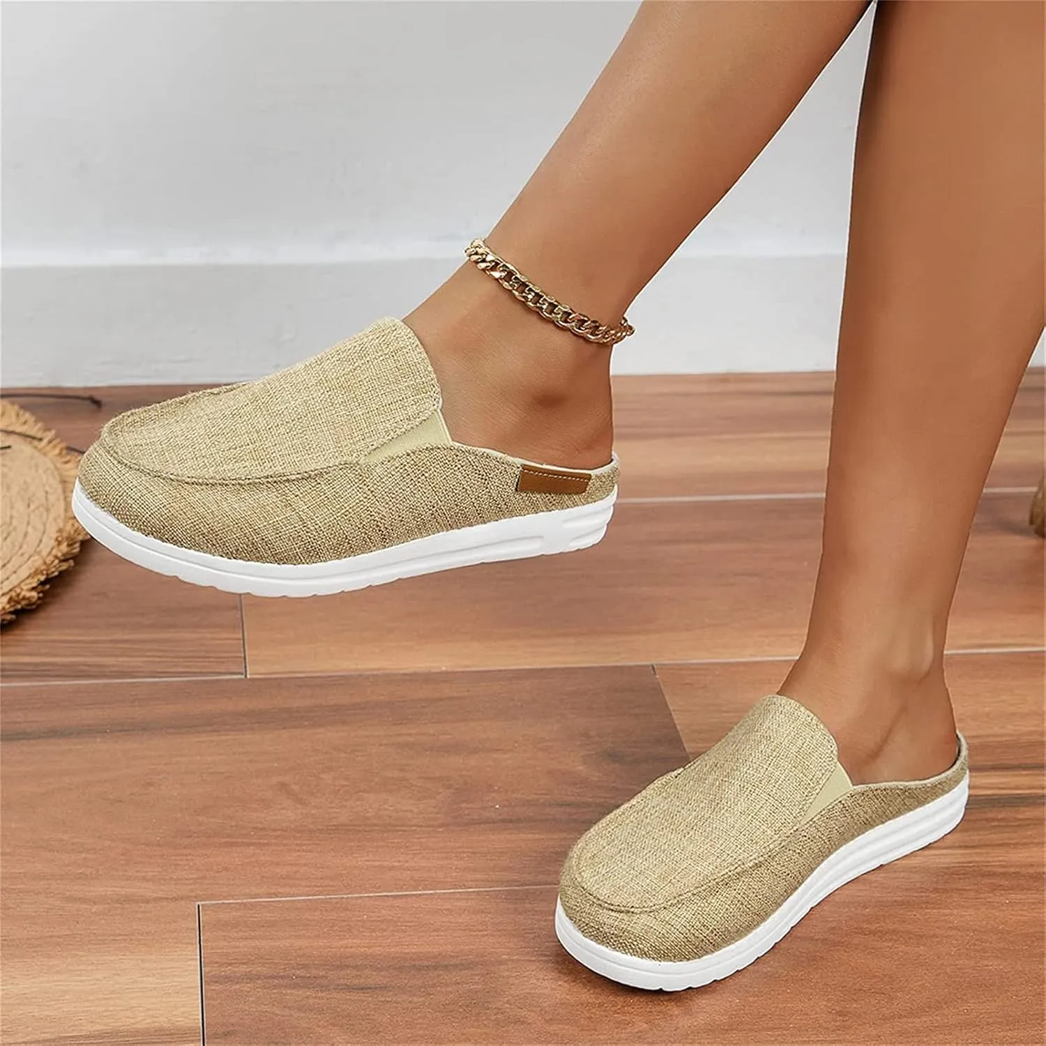 DOIX Women's Garden Clogs Sandals Casual Flats Canvas Slippers Slip on Mules Sneakers Loafer Shoes Summer Indoor Outdoor Anti-Slip Walking Shoes Memory Foam Padded,Beige,US8/EU39