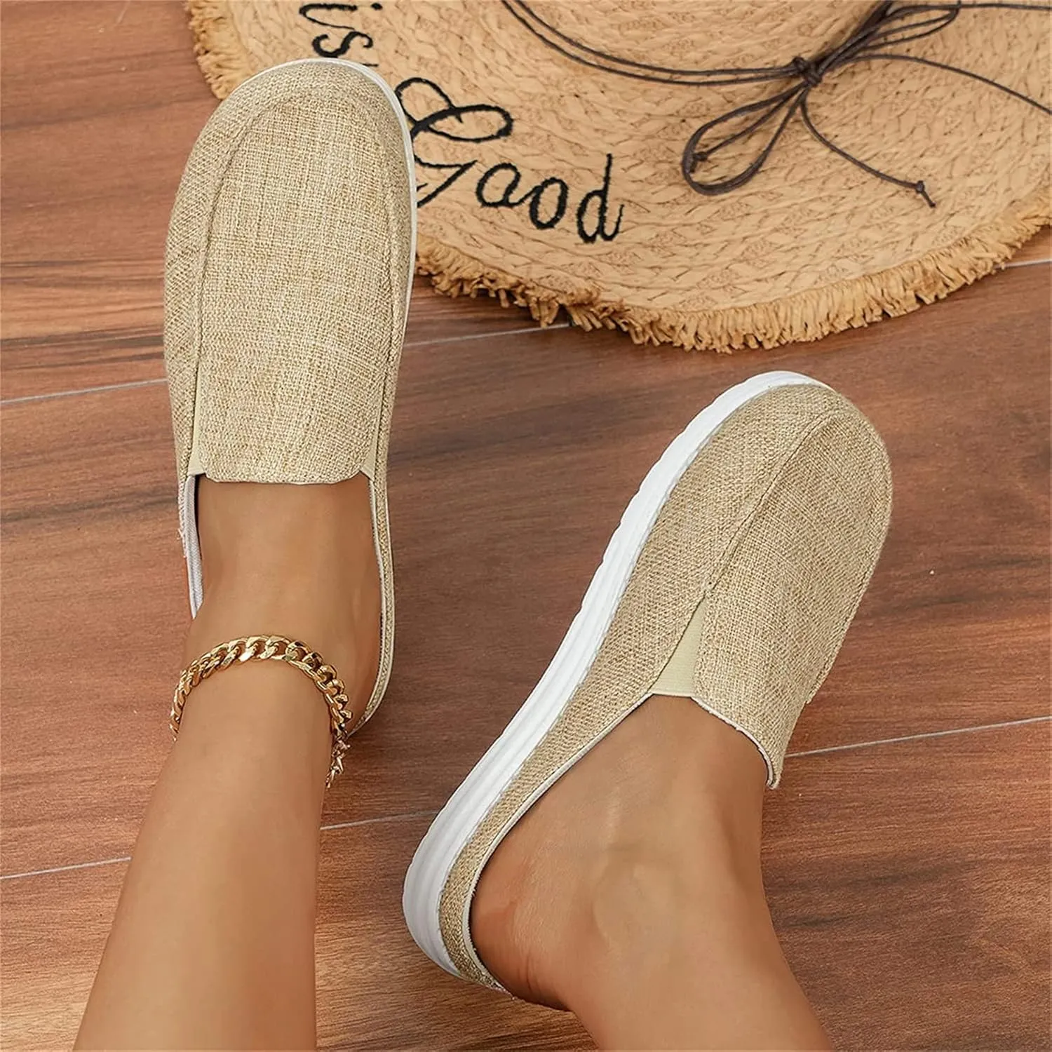 DOIX Women's Garden Clogs Sandals Casual Flats Canvas Slippers Slip on Mules Sneakers Loafer Shoes Summer Indoor Outdoor Anti-Slip Walking Shoes Memory Foam Padded,Beige,US8/EU39