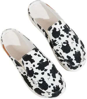 DOIX Women's Garden Clogs Sandals Casual Flats Canvas Slippers Slip on Mules Sneakers Loafer Shoes Summer Indoor Outdoor Anti-Slip Walking Shoes Memory Foam Padded,Cow Print,US11/EU42