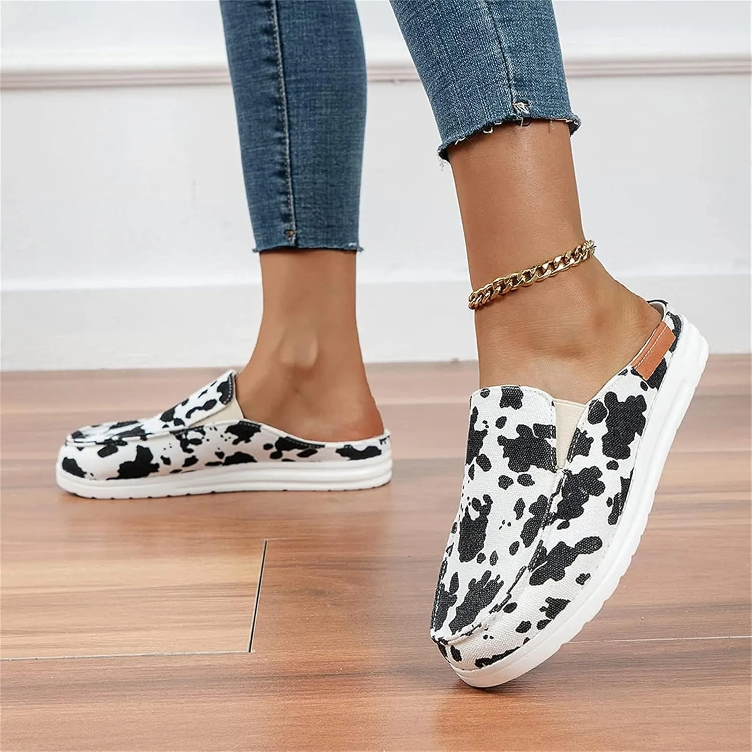 DOIX Women's Garden Clogs Sandals Casual Flats Canvas Slippers Slip on Mules Sneakers Loafer Shoes Summer Indoor Outdoor Anti-Slip Walking Shoes Memory Foam Padded,Cow Print,US11/EU42
