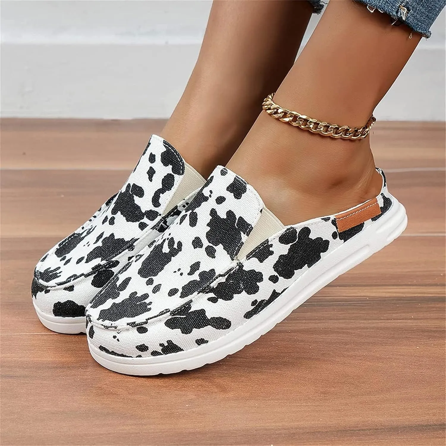 DOIX Women's Garden Clogs Sandals Casual Flats Canvas Slippers Slip on Mules Sneakers Loafer Shoes Summer Indoor Outdoor Anti-Slip Walking Shoes Memory Foam Padded,Cow Print,US11/EU42