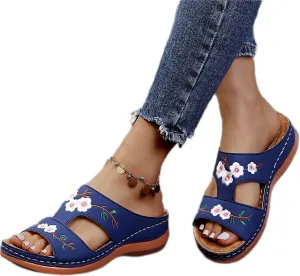 DOIX Women's Garden Clogs Sandals with Flowers Embroidered Casual Flats Slippers Slip on Mules Loafer Shoes Summer Indoor Outdoor Anti-Slip Arch Support Walking Shoes,Blue,US9/EU40