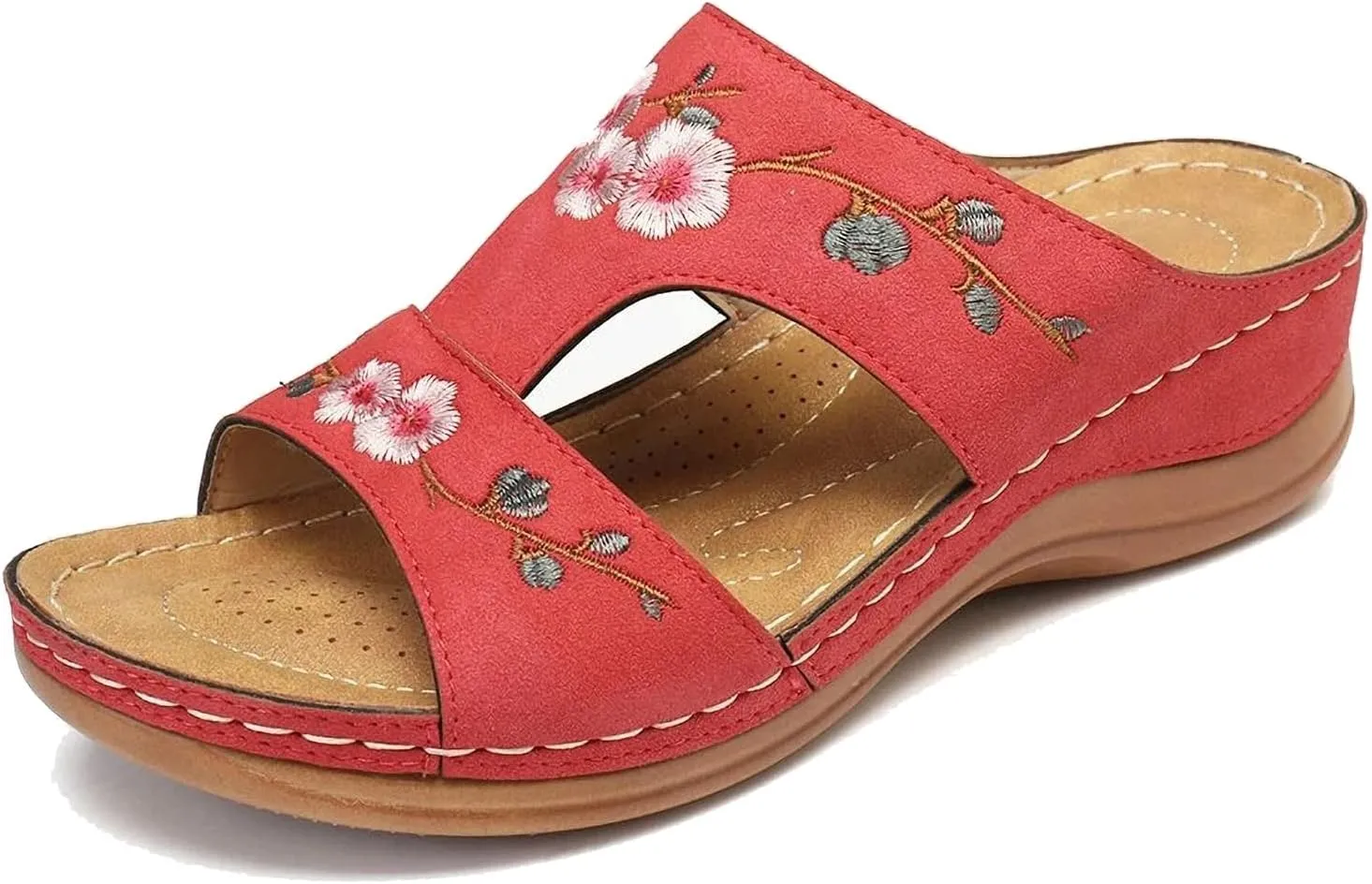DOIX Women's Summer Clogs Mules Open Toe Sandals with Flower Embroidered Anti Slip Wedge Loafer Slippers Ladies Slip on Sandals Backless Garden Beach Shoes,Red,US11/EU42