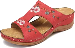 DOIX Women's Summer Clogs Mules Open Toe Sandals with Flower Embroidered Anti Slip Wedge Loafer Slippers Ladies Slip on Sandals Backless Garden Beach Shoes,Red,US11/EU42