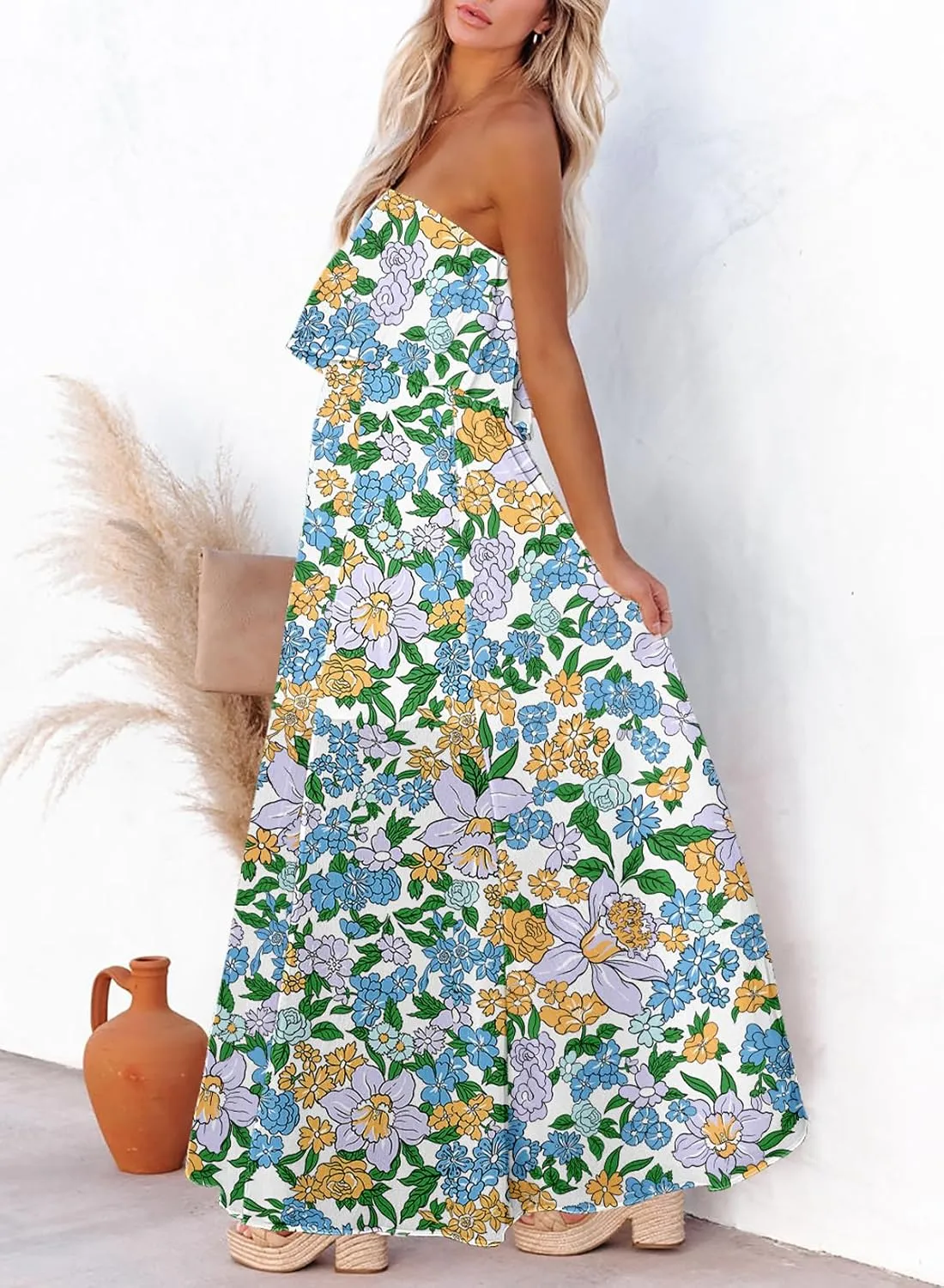 Dokotoo Womens Strapless Dresses Casual Summer High Waist Side Split Flowy Boho Maxi Dress