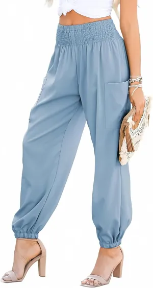Dokotoo Womens Summer Boho Business Casual Smocked 2025 High Waisted Cargo Summer Long Elephant Pants with Pockets