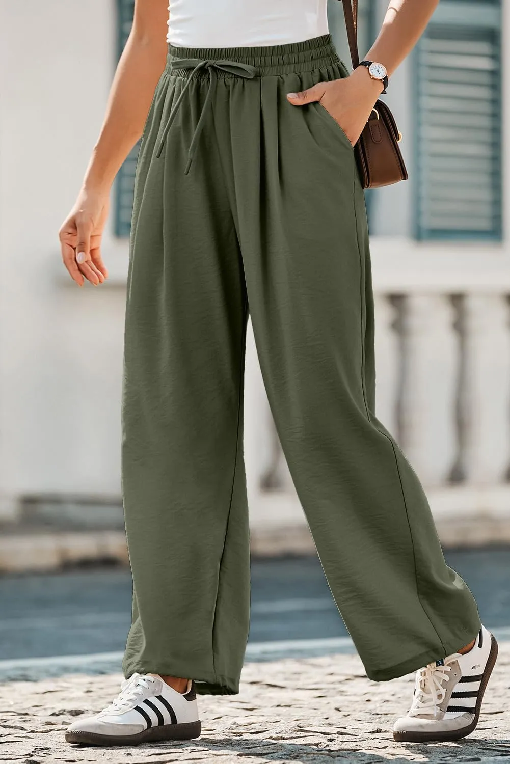 Dokotoo Womens Summer Wide Leg Business Casual Parachute Pants 2025 Drawstrings High Waisted Long Trousers with Pockets