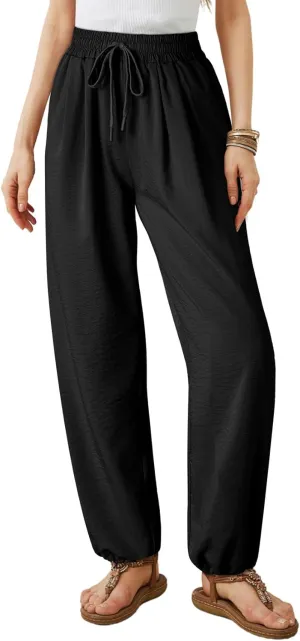 Dokotoo Womens Summer Wide Leg Business Casual Parachute Pants 2025 Drawstrings High Waisted Long Trousers with Pockets