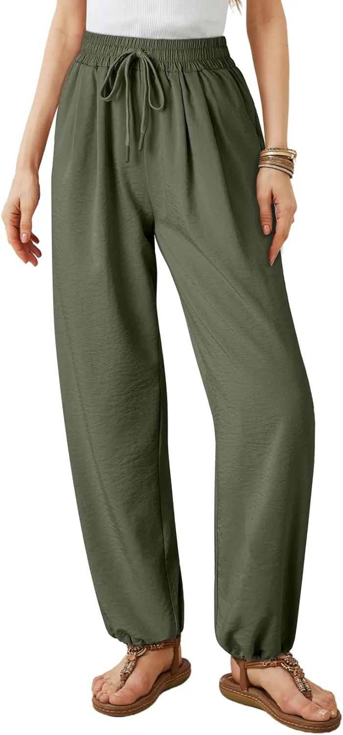 Dokotoo Womens Summer Wide Leg Business Casual Parachute Pants 2025 Drawstrings High Waisted Long Trousers with Pockets