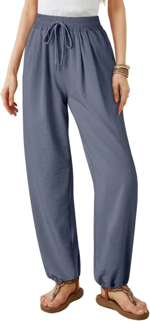 Dokotoo Womens Summer Wide Leg Business Casual Parachute Pants 2025 Drawstrings High Waisted Long Trousers with Pockets