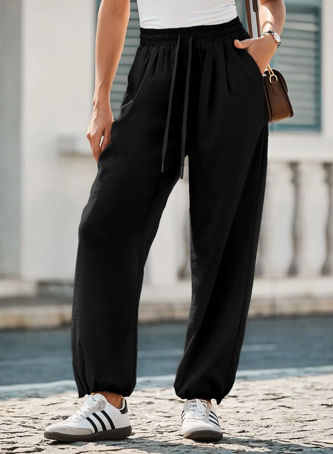 Dokotoo Womens Summer Wide Leg Business Casual Parachute Pants 2025 Drawstrings High Waisted Long Trousers with Pockets