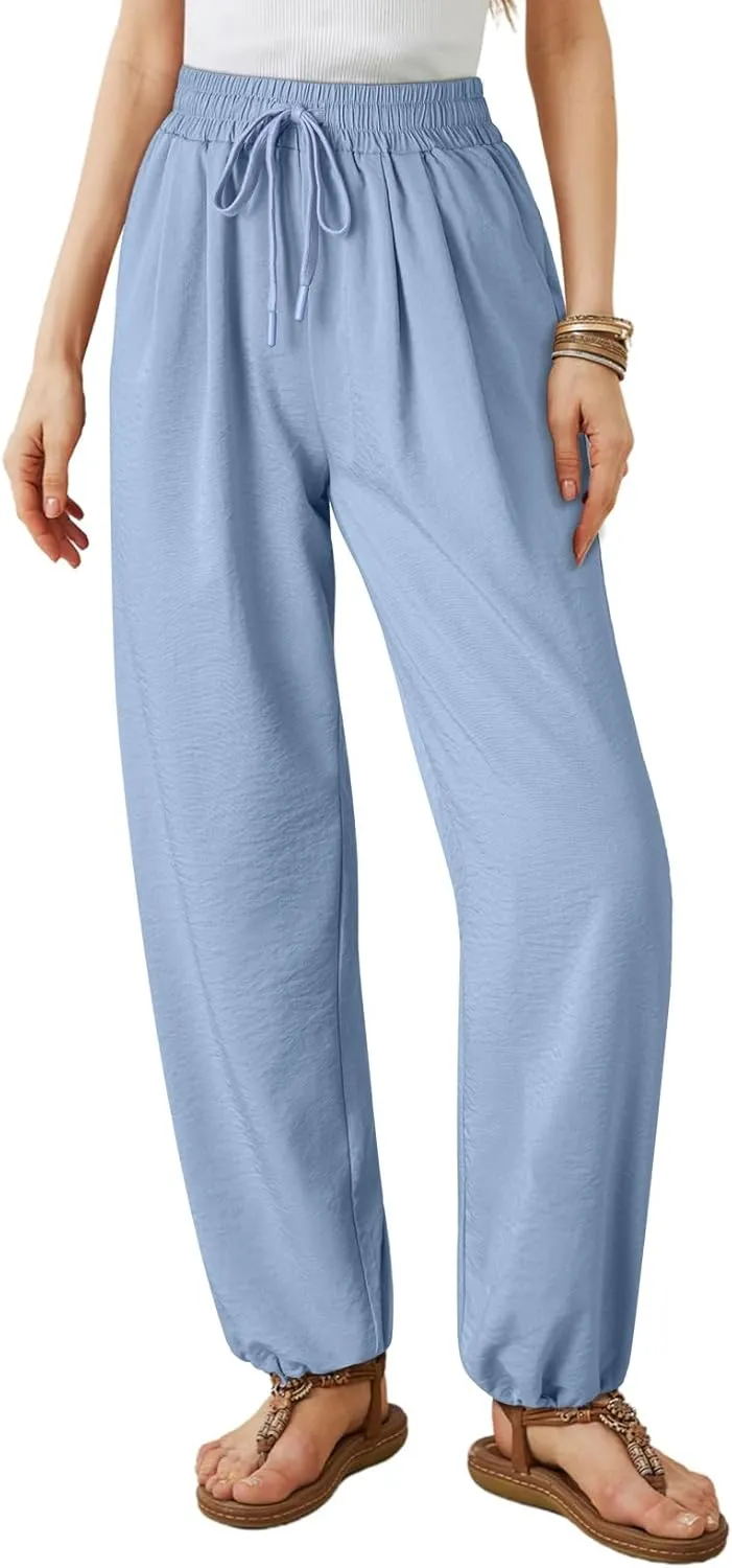 Dokotoo Womens Summer Wide Leg Business Casual Parachute Pants 2025 Drawstrings High Waisted Long Trousers with Pockets