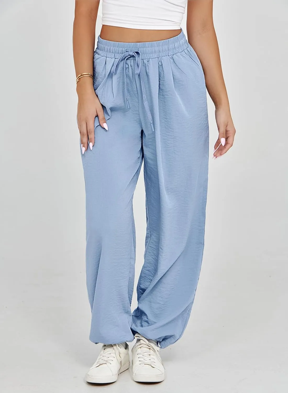Dokotoo Womens Summer Wide Leg Business Casual Parachute Pants 2025 Drawstrings High Waisted Long Trousers with Pockets
