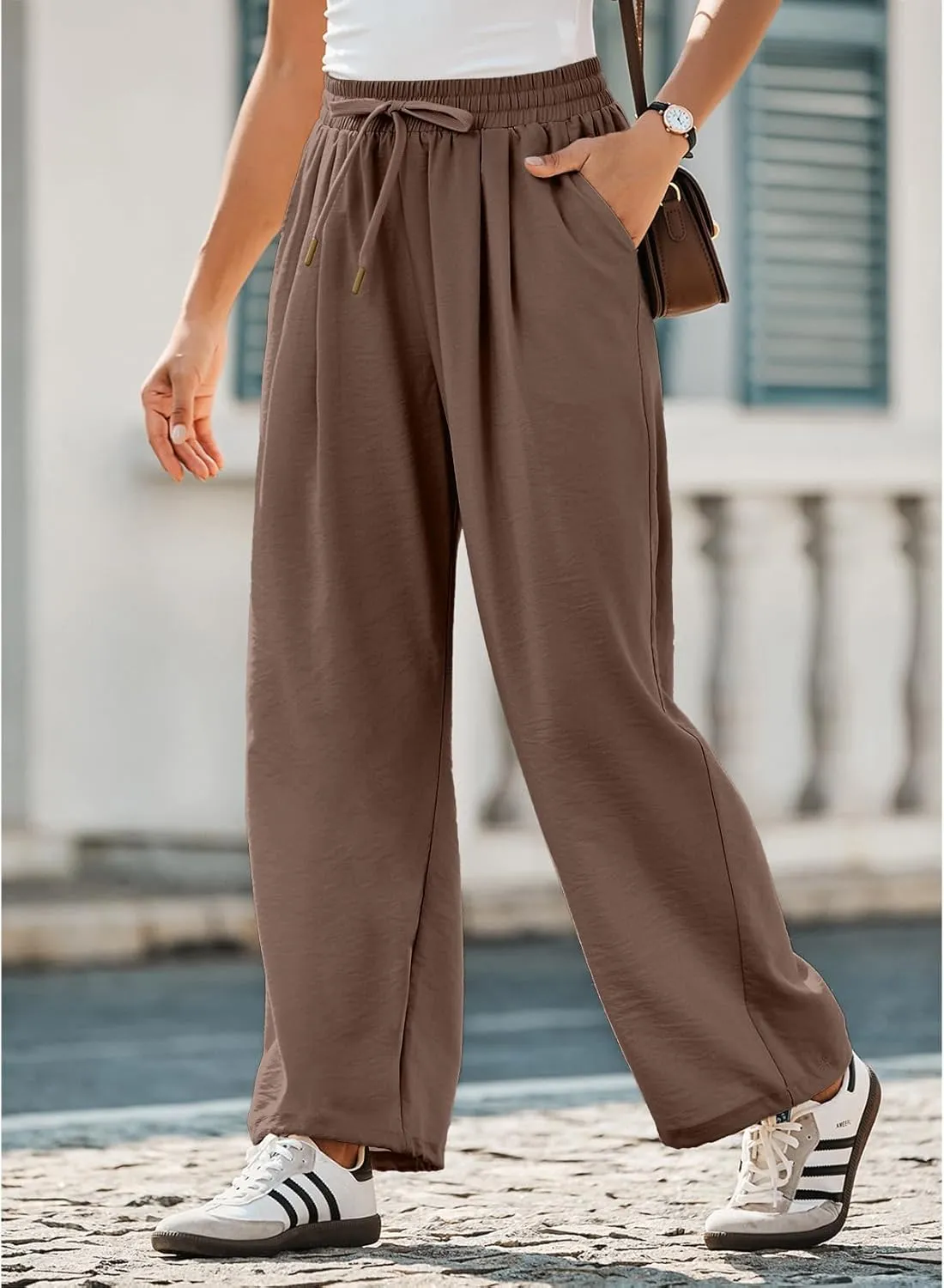 Dokotoo Womens Summer Wide Leg Business Casual Parachute Pants 2025 Drawstrings High Waisted Long Trousers with Pockets