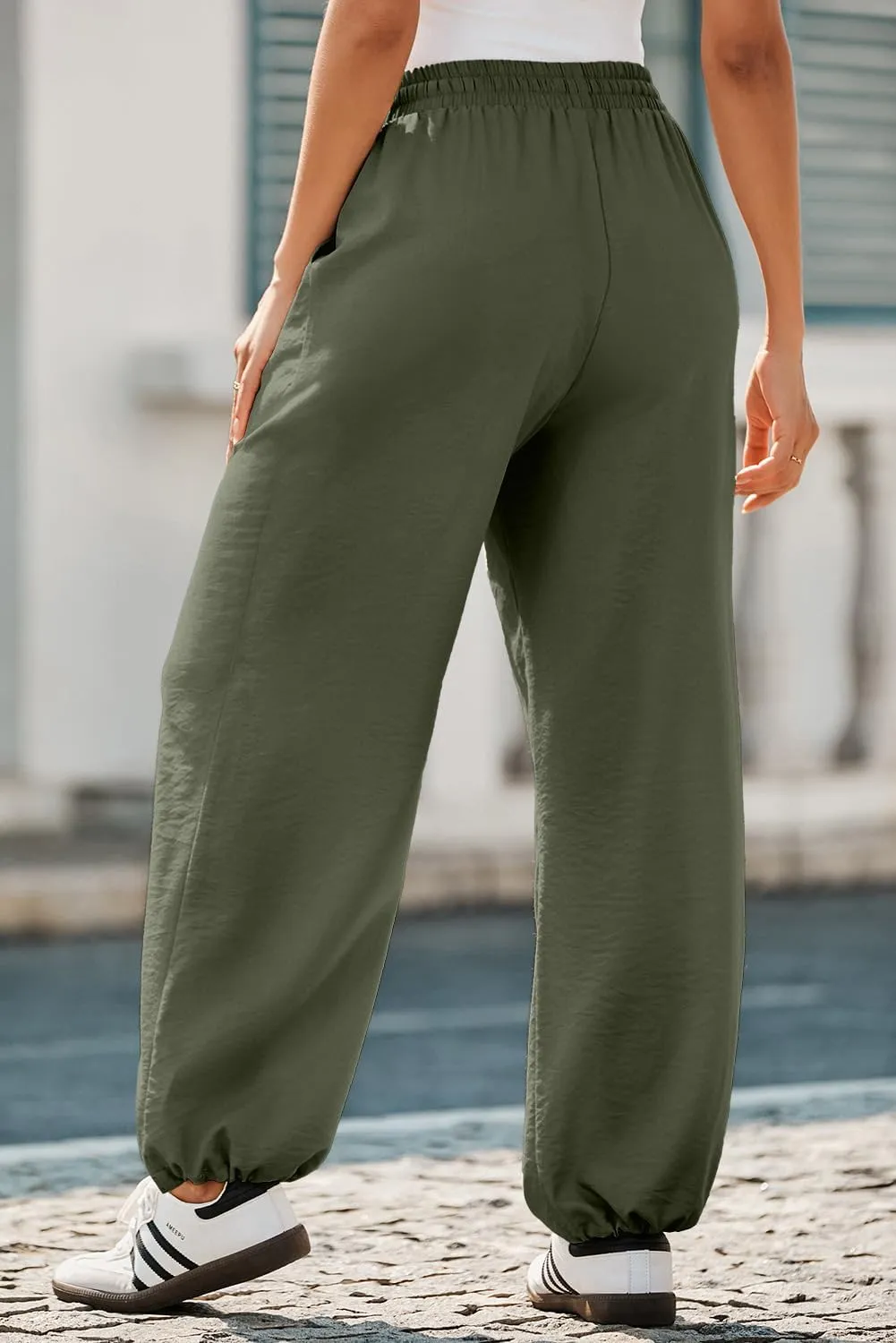 Dokotoo Womens Summer Wide Leg Business Casual Parachute Pants 2025 Drawstrings High Waisted Long Trousers with Pockets