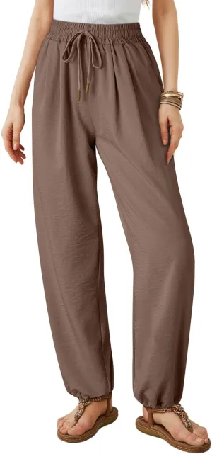Dokotoo Womens Summer Wide Leg Business Casual Parachute Pants 2025 Drawstrings High Waisted Long Trousers with Pockets