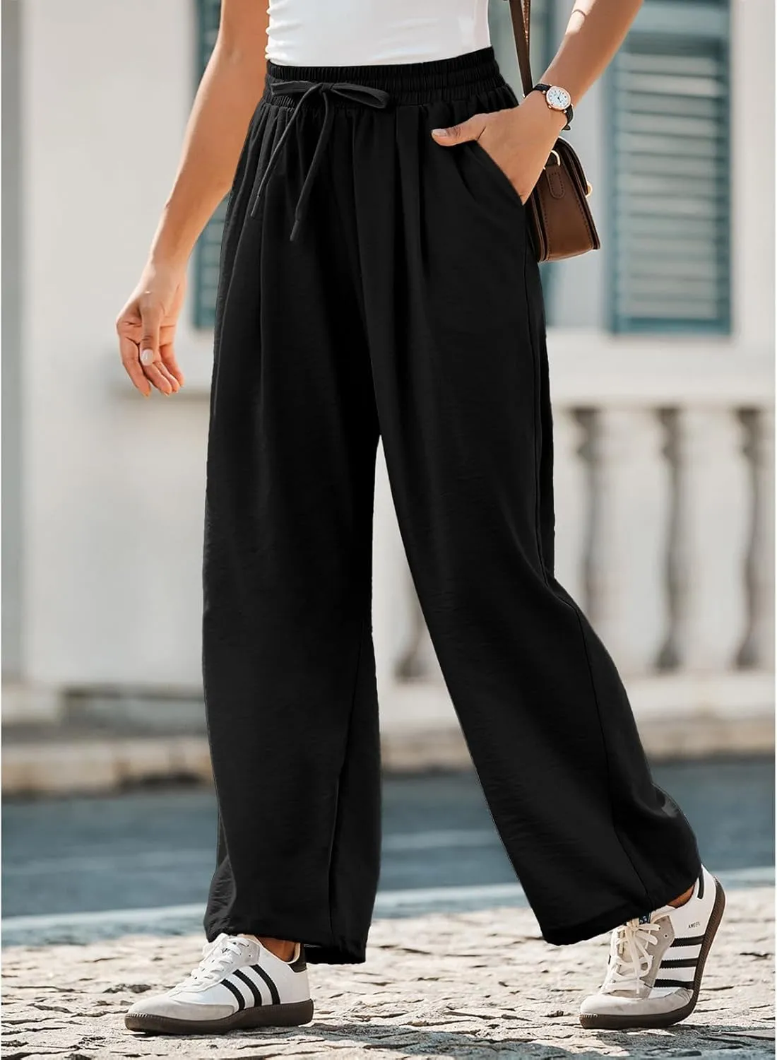 Dokotoo Womens Summer Wide Leg Business Casual Parachute Pants 2025 Drawstrings High Waisted Long Trousers with Pockets