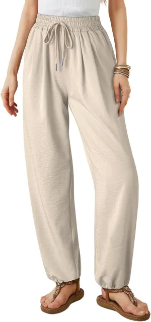 Dokotoo Womens Summer Wide Leg Business Casual Parachute Pants 2025 Drawstrings High Waisted Long Trousers with Pockets