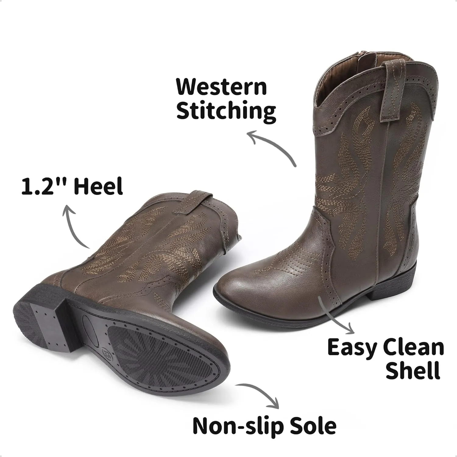 DREAM PAIRS Cowgirl Boots for Girls Boys Cowboy Boots Kids Western Embroidered Mid Calf Riding Shoes with Walking Heel Toddler/Little Kid/Big Kid