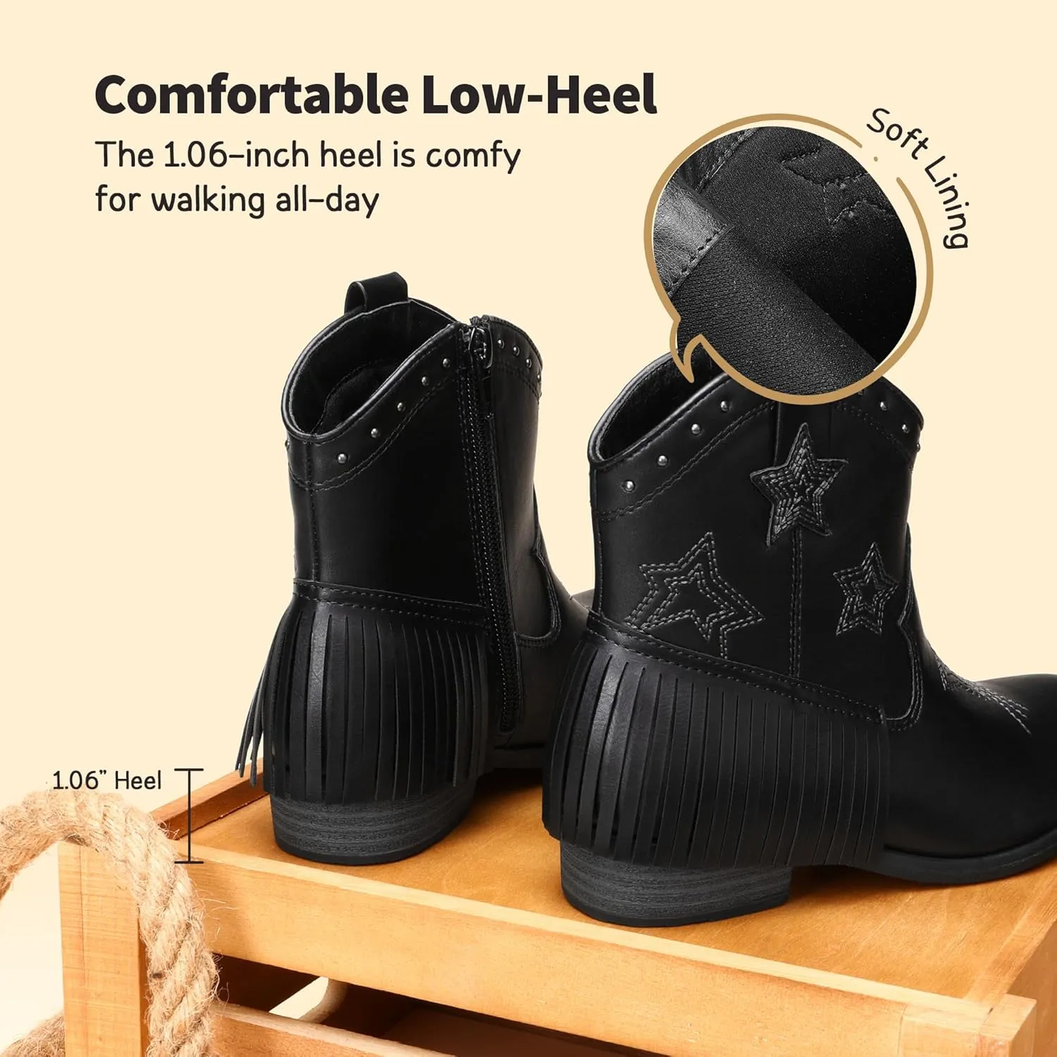 DREAM PAIRS Girls Cowgirl Cowboy Ankle Western Boots Side Zipper Riding Shoes with Tassel Little Kid/Big Kid