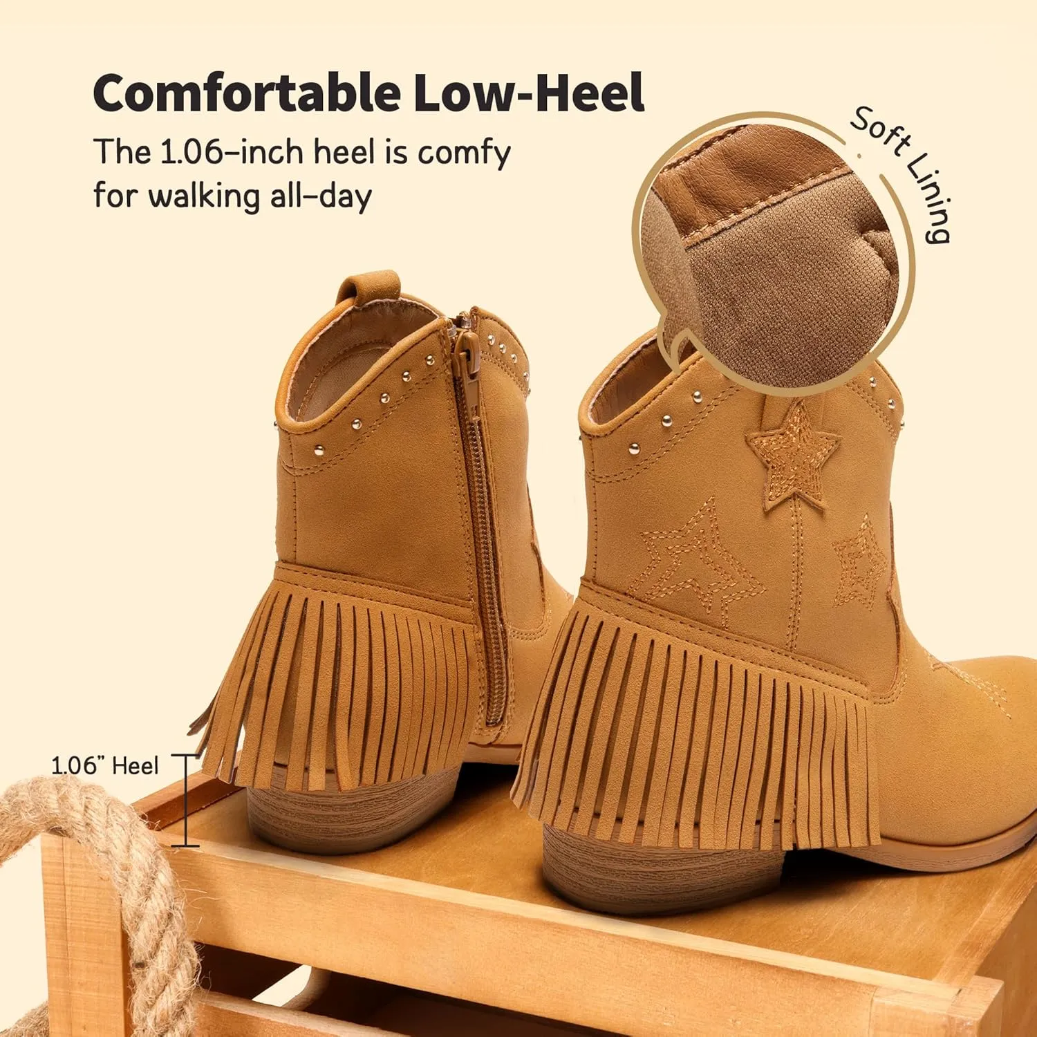 DREAM PAIRS Girls Cowgirl Cowboy Ankle Western Boots Side Zipper Riding Shoes with Tassel Little Kid/Big Kid