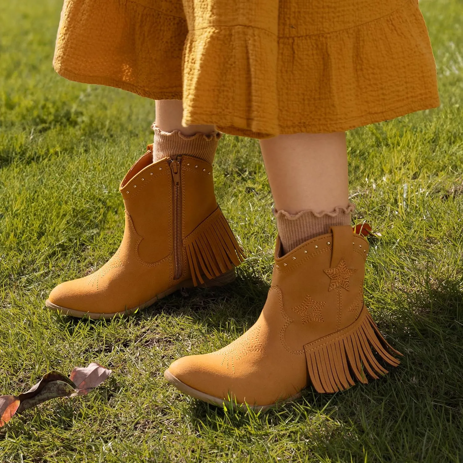 DREAM PAIRS Girls Cowgirl Cowboy Ankle Western Boots Side Zipper Riding Shoes with Tassel Little Kid/Big Kid