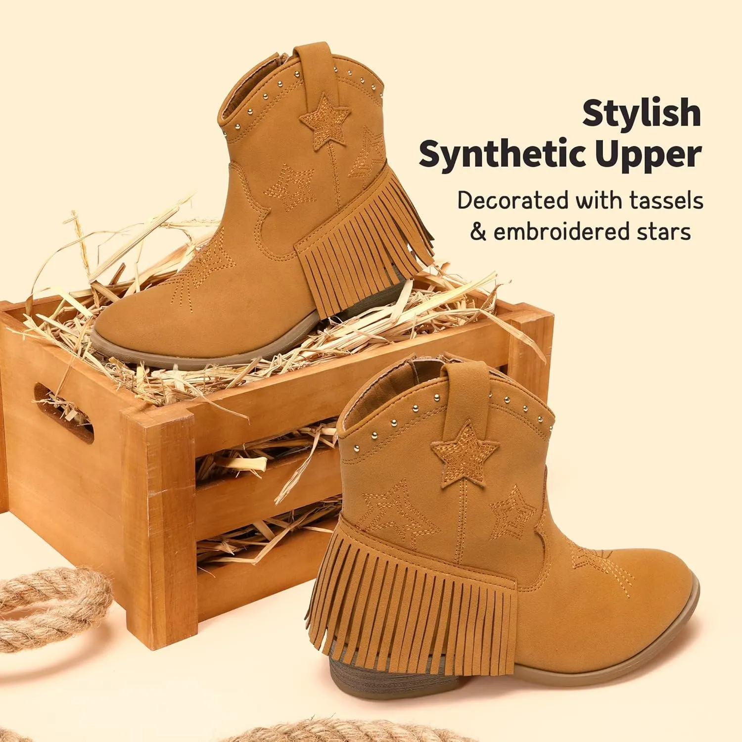 DREAM PAIRS Girls Cowgirl Cowboy Ankle Western Boots Side Zipper Riding Shoes with Tassel Little Kid/Big Kid