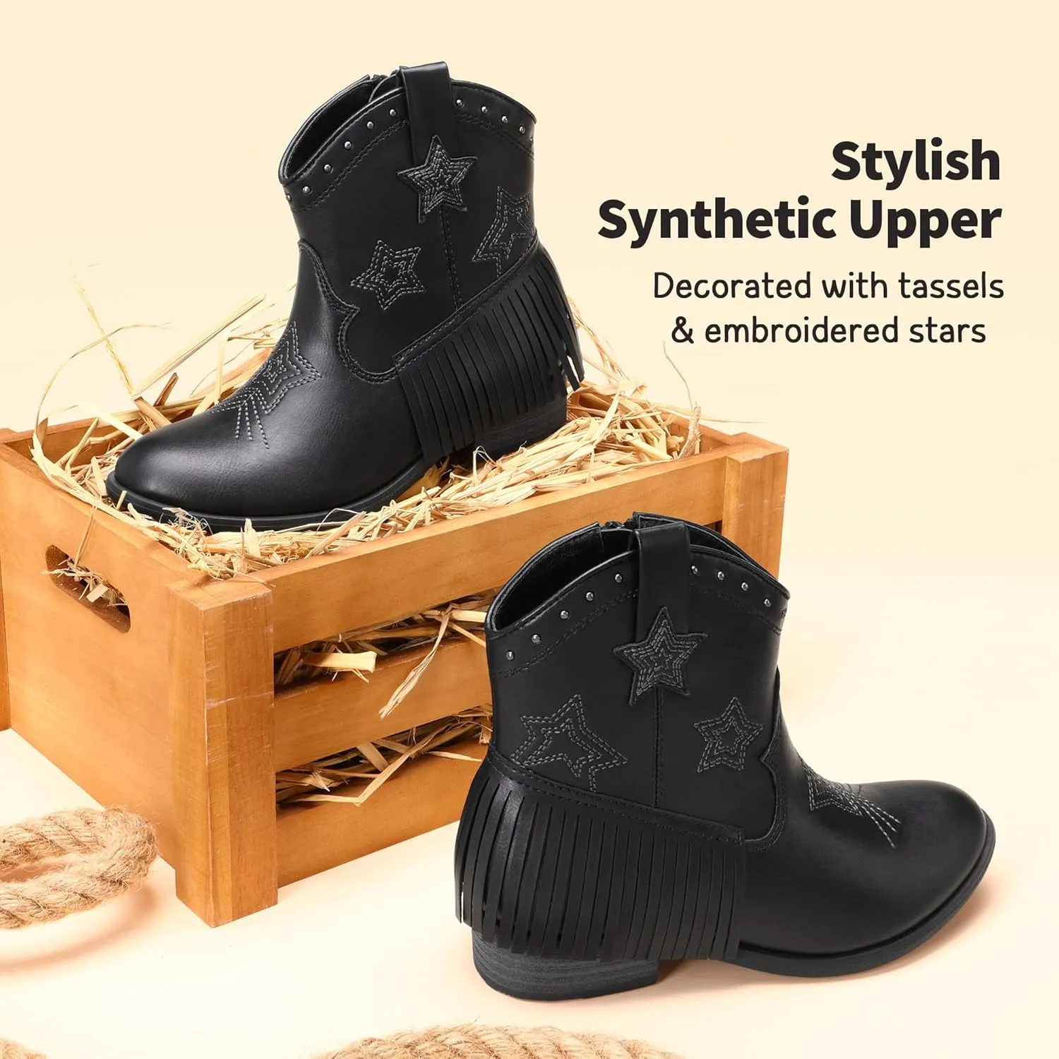 DREAM PAIRS Girls Cowgirl Cowboy Ankle Western Boots Side Zipper Riding Shoes with Tassel Little Kid/Big Kid
