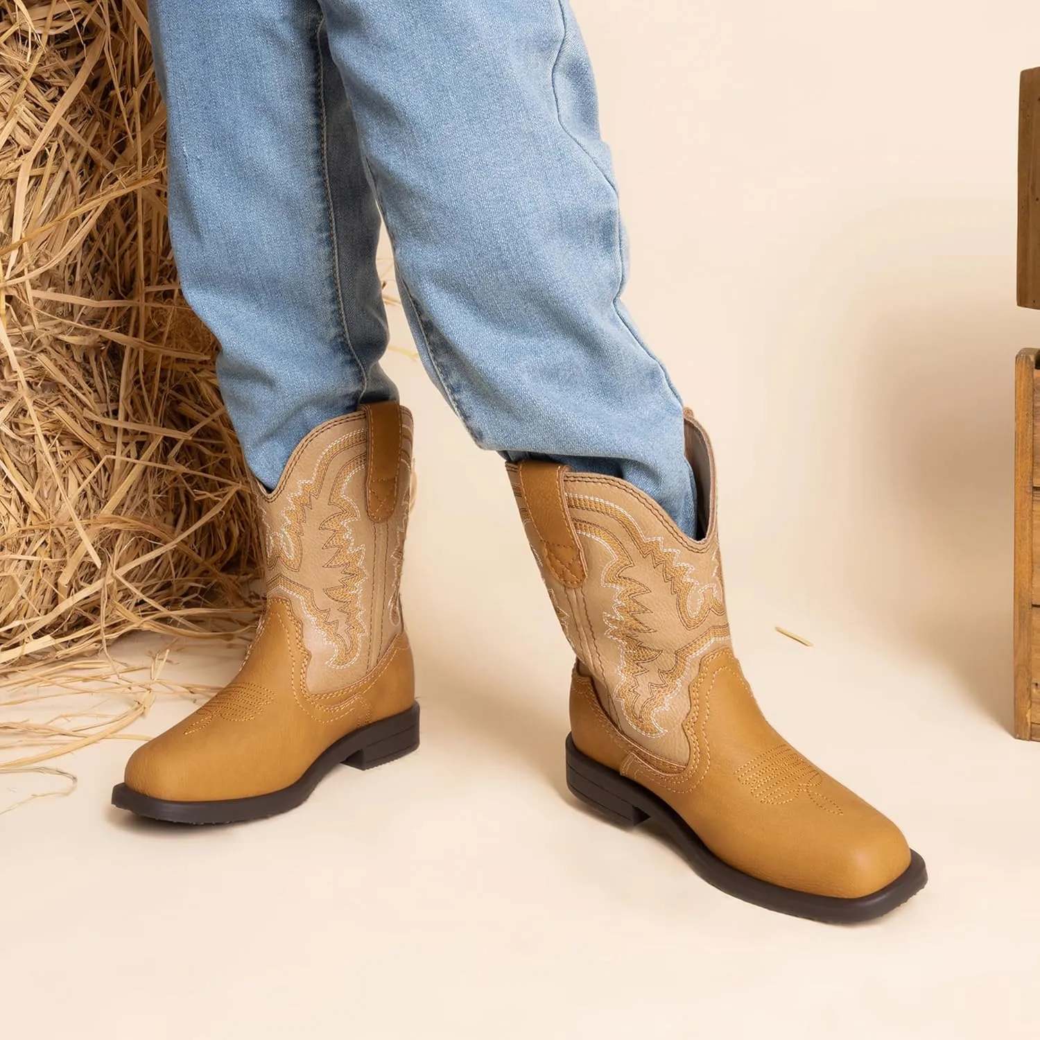 DREAM PAIRS Toddler Little Boys Girls Cowboy Boots Kids Western Square Toe Riding Mid Calf Boots