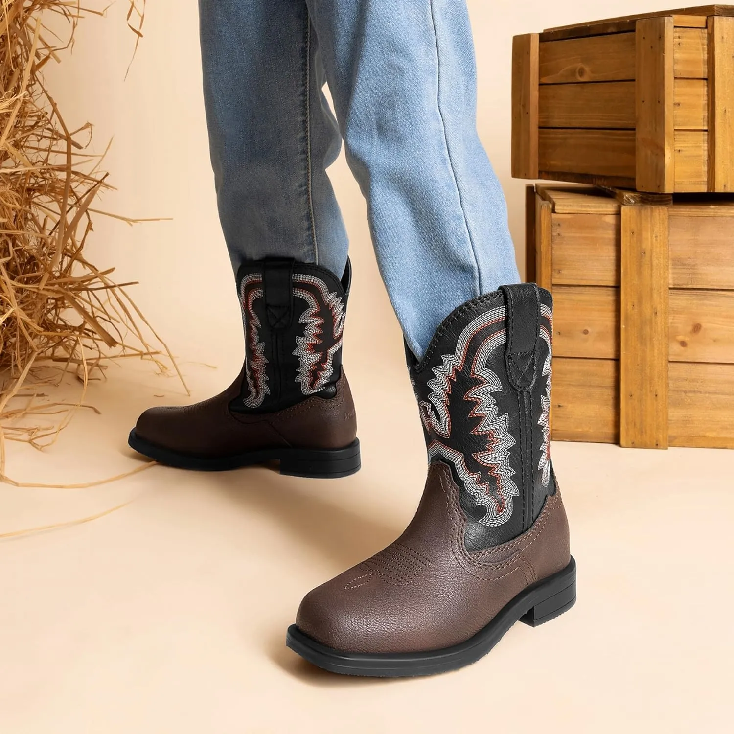 DREAM PAIRS Toddler Little Boys Girls Cowboy Boots Kids Western Square Toe Riding Mid Calf Boots
