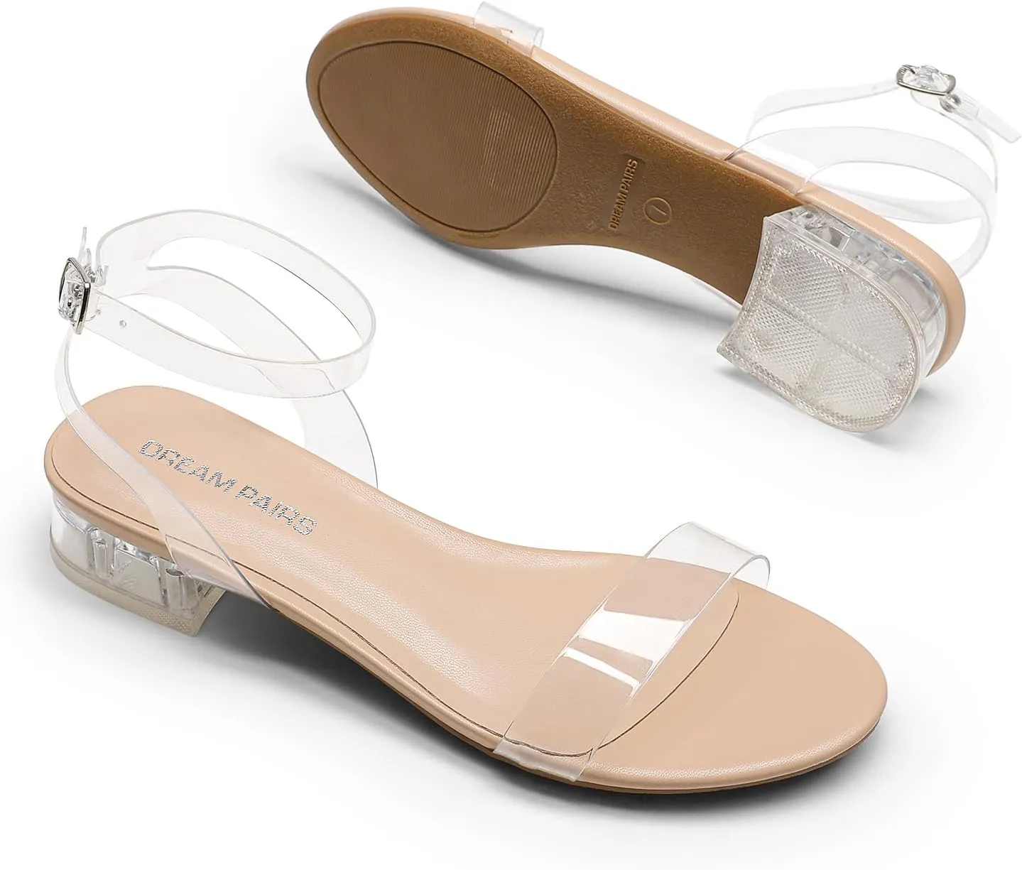 DREAM PAIRS Women Black White Nude Clear Sandals Low Heel Dressy Sandals Ankle Strap Open Toe Chunky Block Heeled Summer Classic Comfortable Flat Shoes