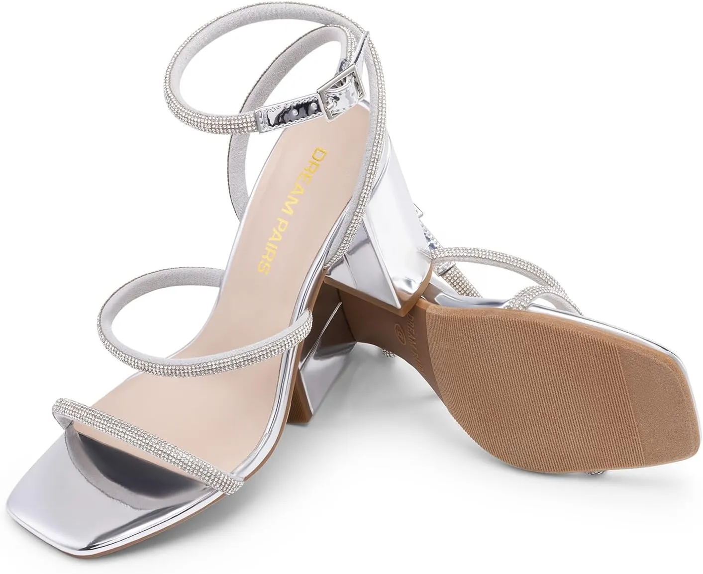 DREAM PAIRS Women Heels Chunky Square Open Toe Strappy Ankle Strap Block High Heeled Sandals for Dressy Wedding Comfortable Shoes