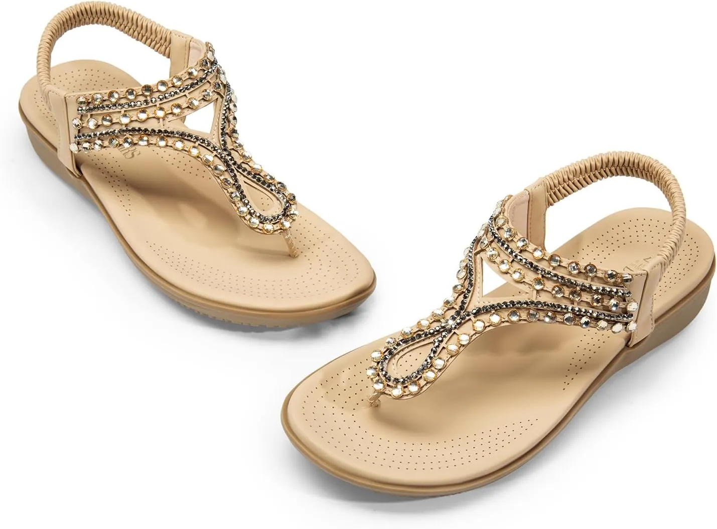 DREAM PAIRS Women's Comfortable Dressy Flat Sandals Rhinestone Elastic T-Strap Thong Sandals for Summer Beach