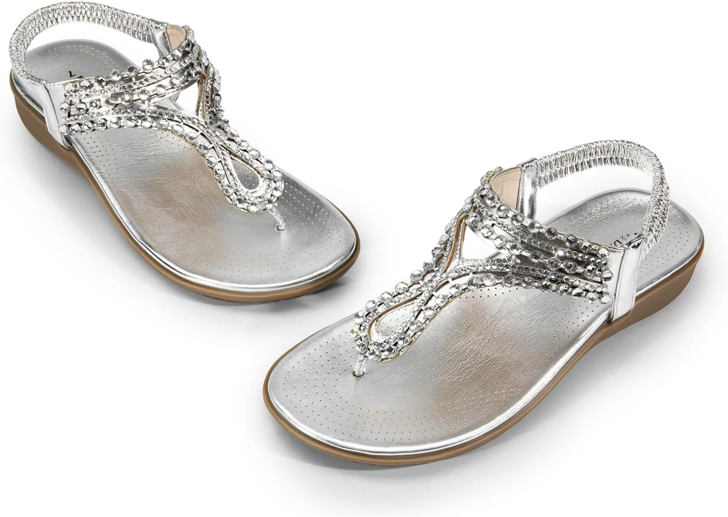 DREAM PAIRS Women's Comfortable Dressy Flat Sandals Rhinestone Elastic T-Strap Thong Sandals for Summer Beach
