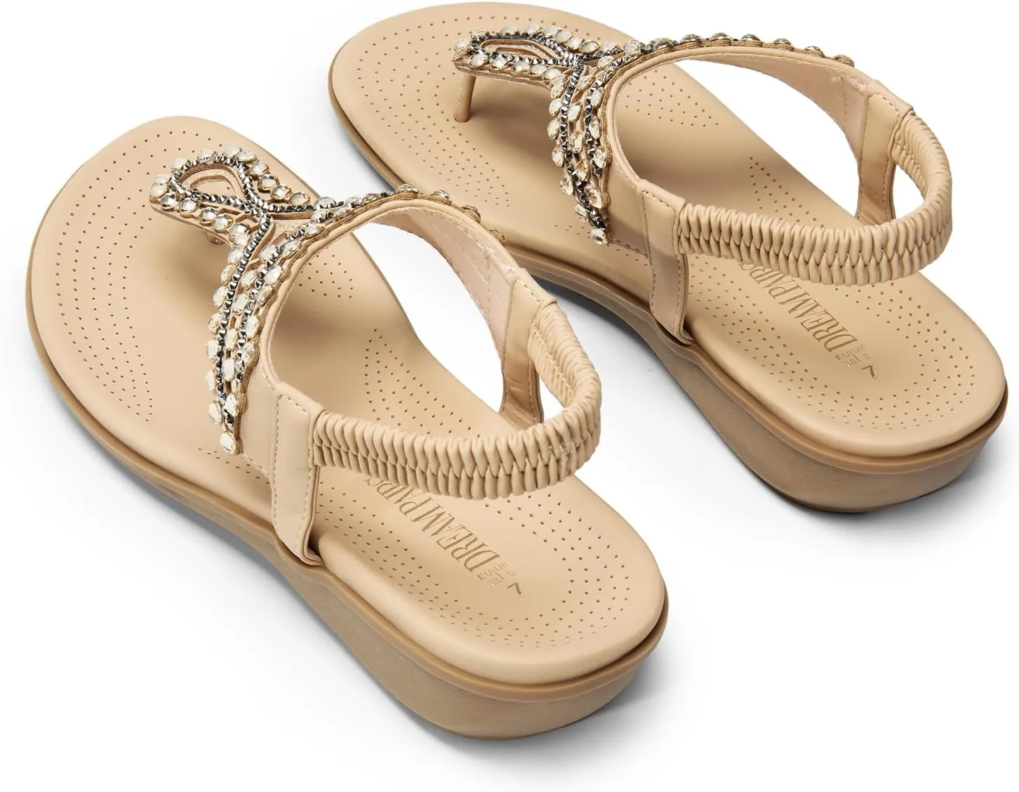 DREAM PAIRS Women's Comfortable Dressy Flat Sandals Rhinestone Elastic T-Strap Thong Sandals for Summer Beach