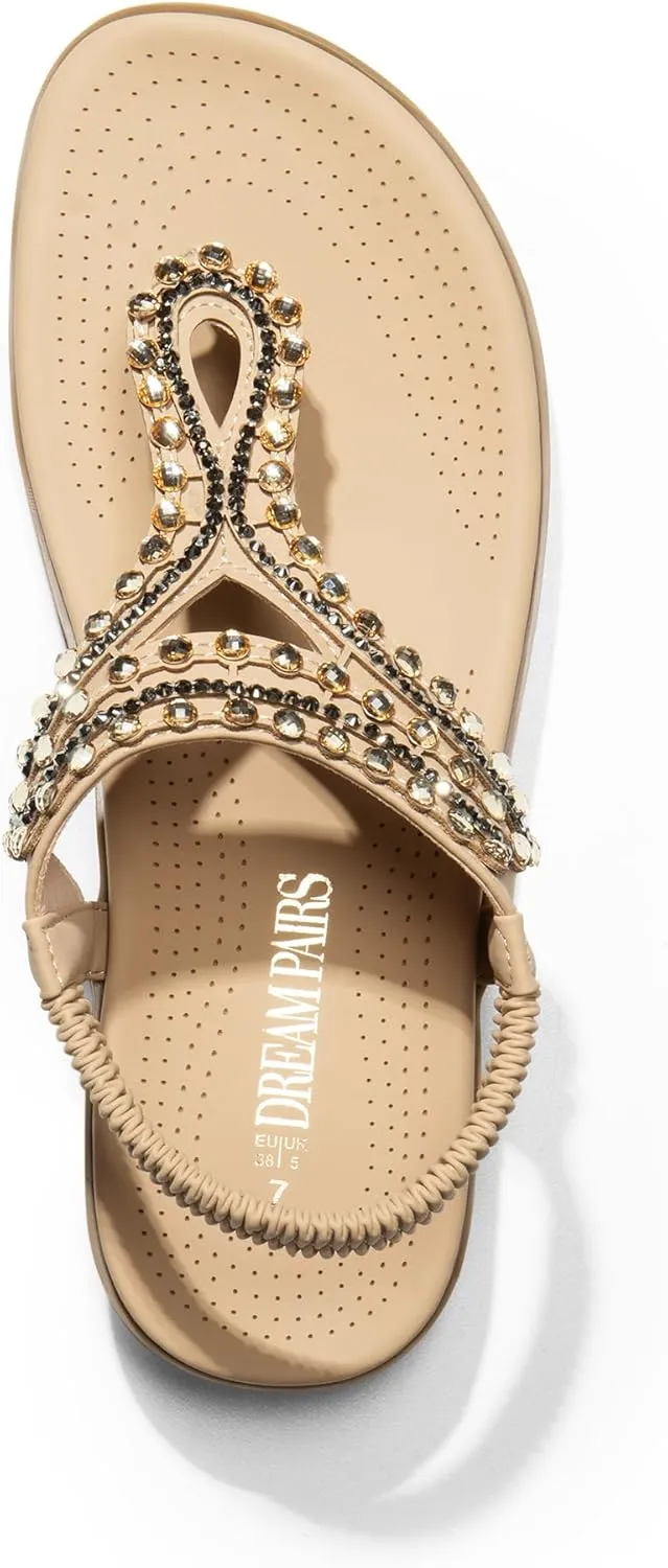 DREAM PAIRS Women's Comfortable Dressy Flat Sandals Rhinestone Elastic T-Strap Thong Sandals for Summer Beach