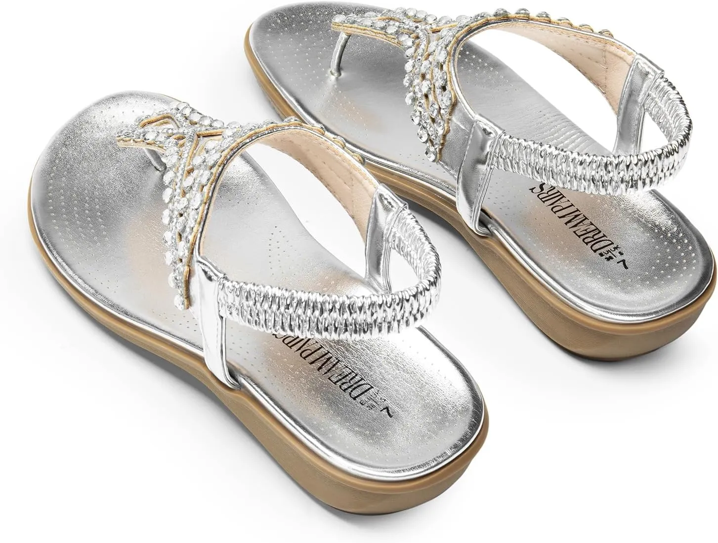 DREAM PAIRS Women's Comfortable Dressy Flat Sandals Rhinestone Elastic T-Strap Thong Sandals for Summer Beach