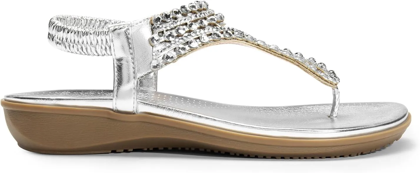 DREAM PAIRS Women's Comfortable Dressy Flat Sandals Rhinestone Elastic T-Strap Thong Sandals for Summer Beach