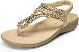 DREAM PAIRS Women's Comfortable Dressy Flat Sandals Rhinestone Elastic T-Strap Thong Sandals for Summer Beach