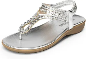 DREAM PAIRS Women's Comfortable Dressy Flat Sandals Rhinestone Elastic T-Strap Thong Sandals for Summer Beach