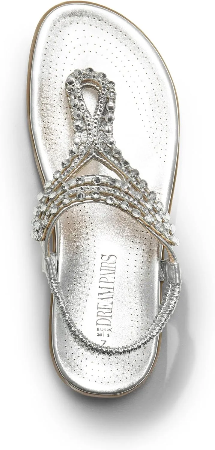 DREAM PAIRS Women's Comfortable Dressy Flat Sandals Rhinestone Elastic T-Strap Thong Sandals for Summer Beach