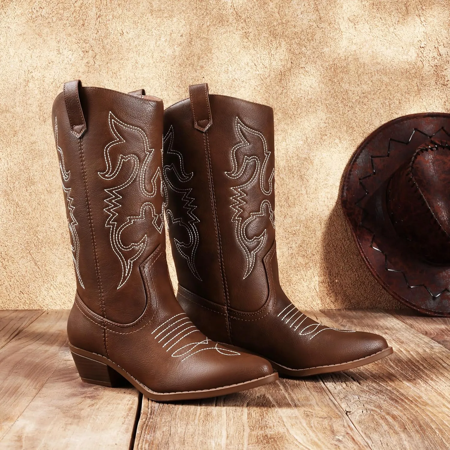 DREAM PAIRS Women's Cowboy Boots Pull On Cowgirl Boots Mid Calf Western Boots