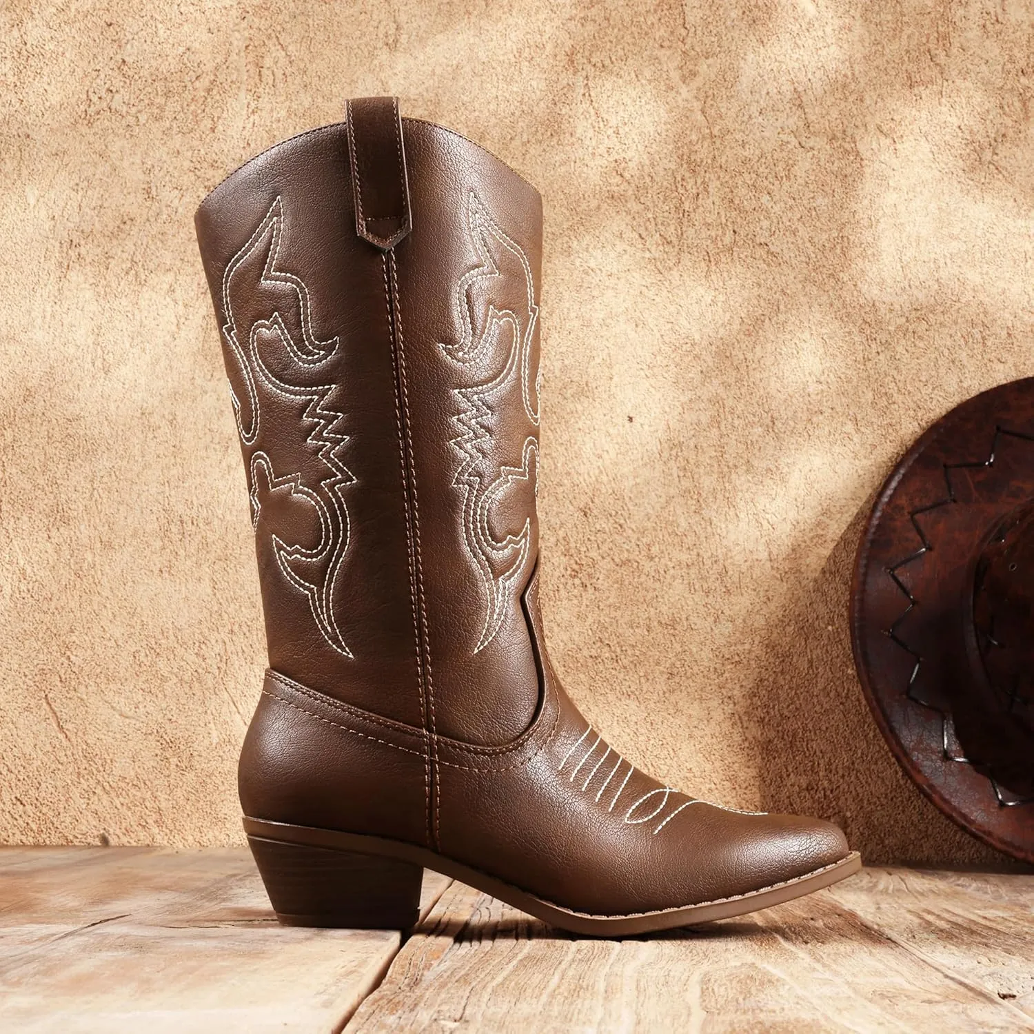 DREAM PAIRS Women's Cowboy Boots Pull On Cowgirl Boots Mid Calf Western Boots