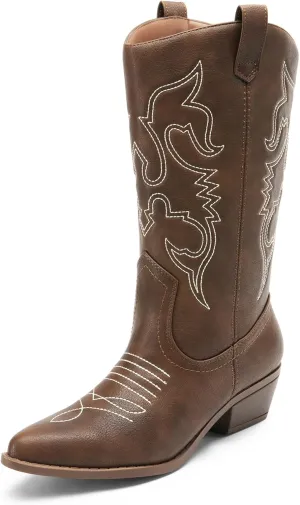 DREAM PAIRS Women's Cowboy Boots Pull On Cowgirl Boots Mid Calf Western Boots