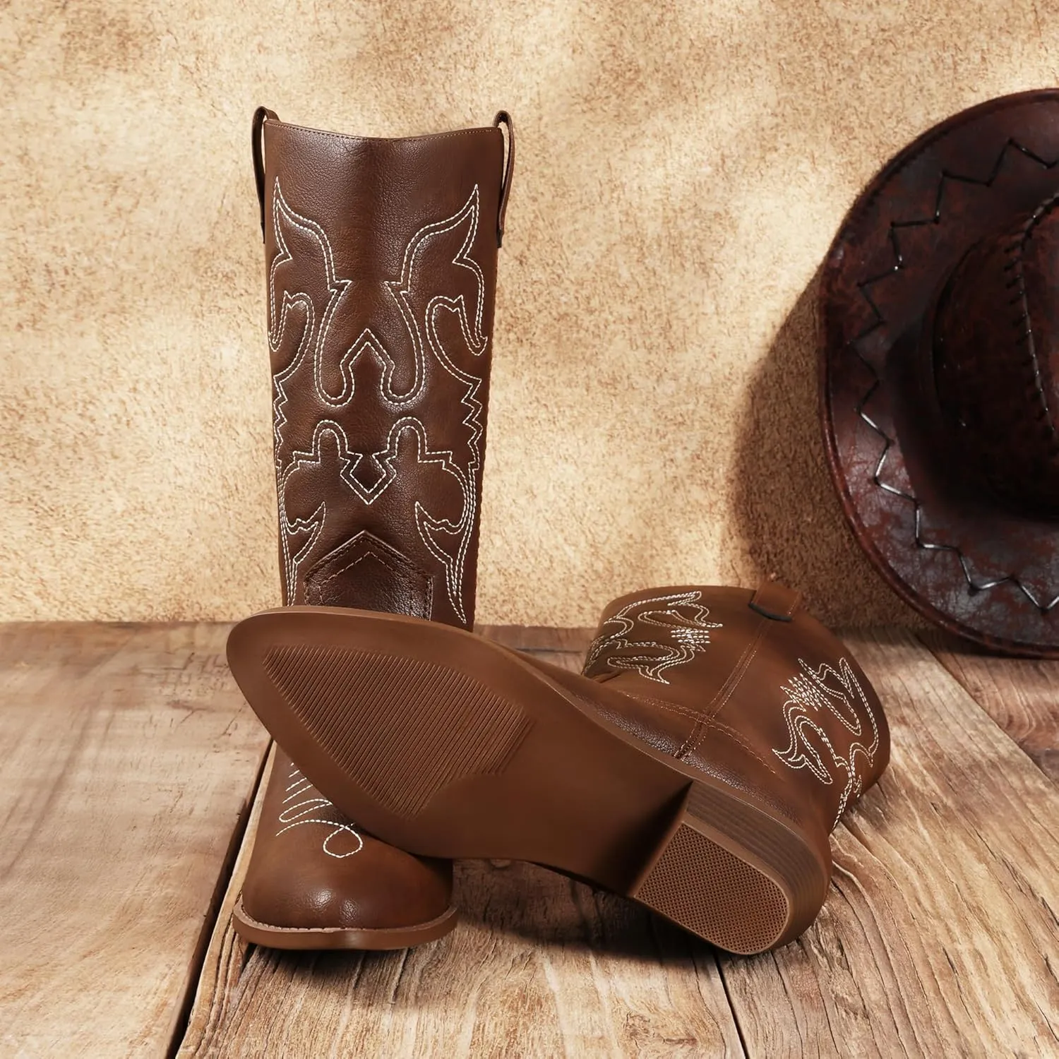 DREAM PAIRS Women's Cowboy Boots Pull On Cowgirl Boots Mid Calf Western Boots