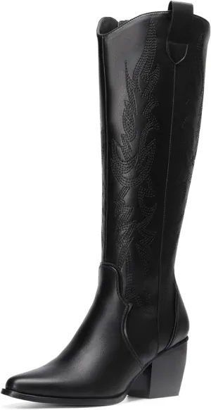DREAM PAIRS Womens Cowboy Boots Wide Calf Comfortable Pull On Zipper Chunky Heel Pointed Toe Embroidered Western Cowgirl Knee High Boots Girls Ladies Retro Tall Boot