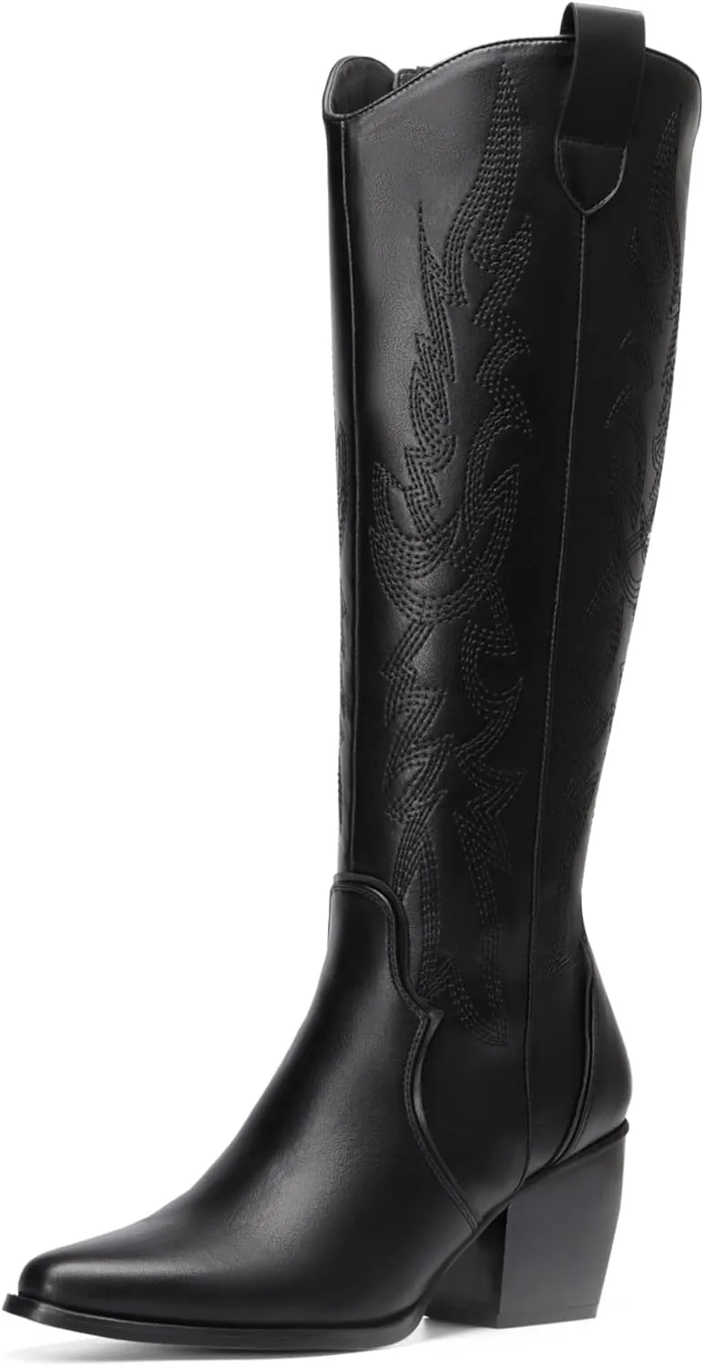 DREAM PAIRS Womens Cowboy Boots Wide Calf Comfortable Pull On Zipper Chunky Heel Pointed Toe Embroidered Western Cowgirl Knee High Boots Girls Ladies Retro Tall Boot
