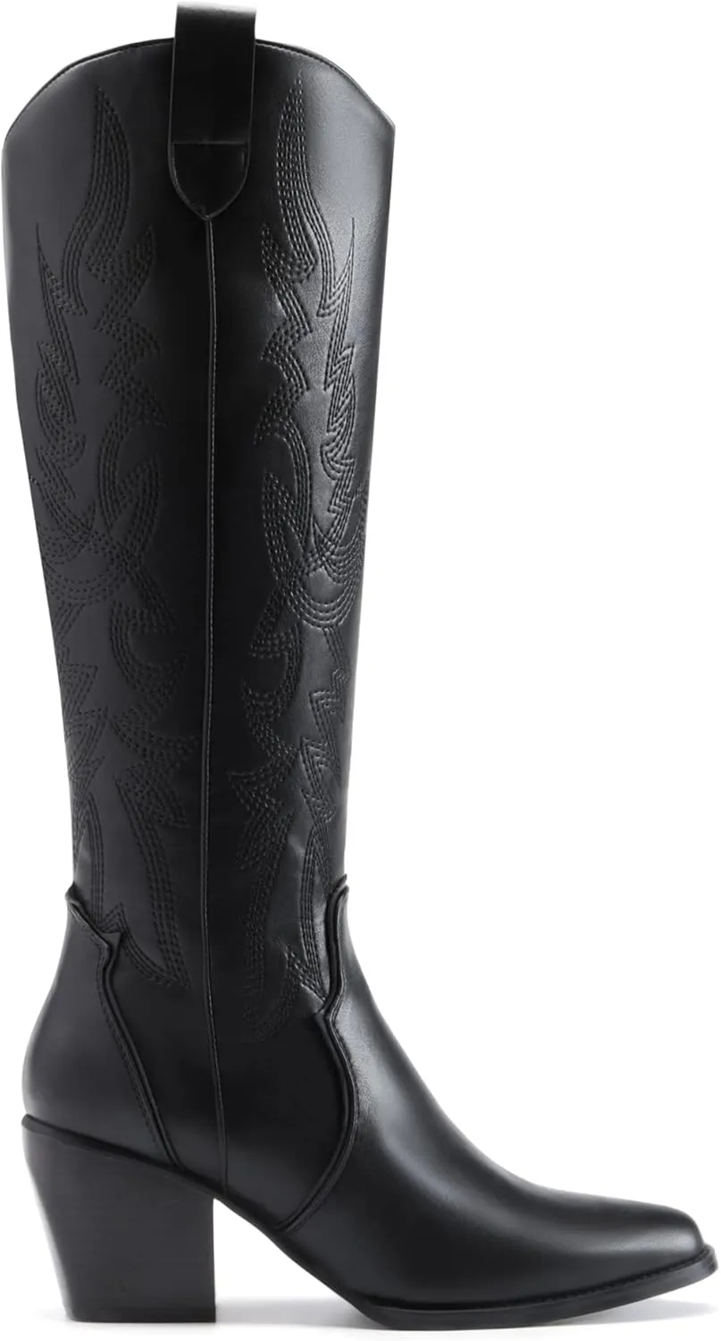 DREAM PAIRS Womens Cowboy Boots Wide Calf Comfortable Pull On Zipper Chunky Heel Pointed Toe Embroidered Western Cowgirl Knee High Boots Girls Ladies Retro Tall Boot